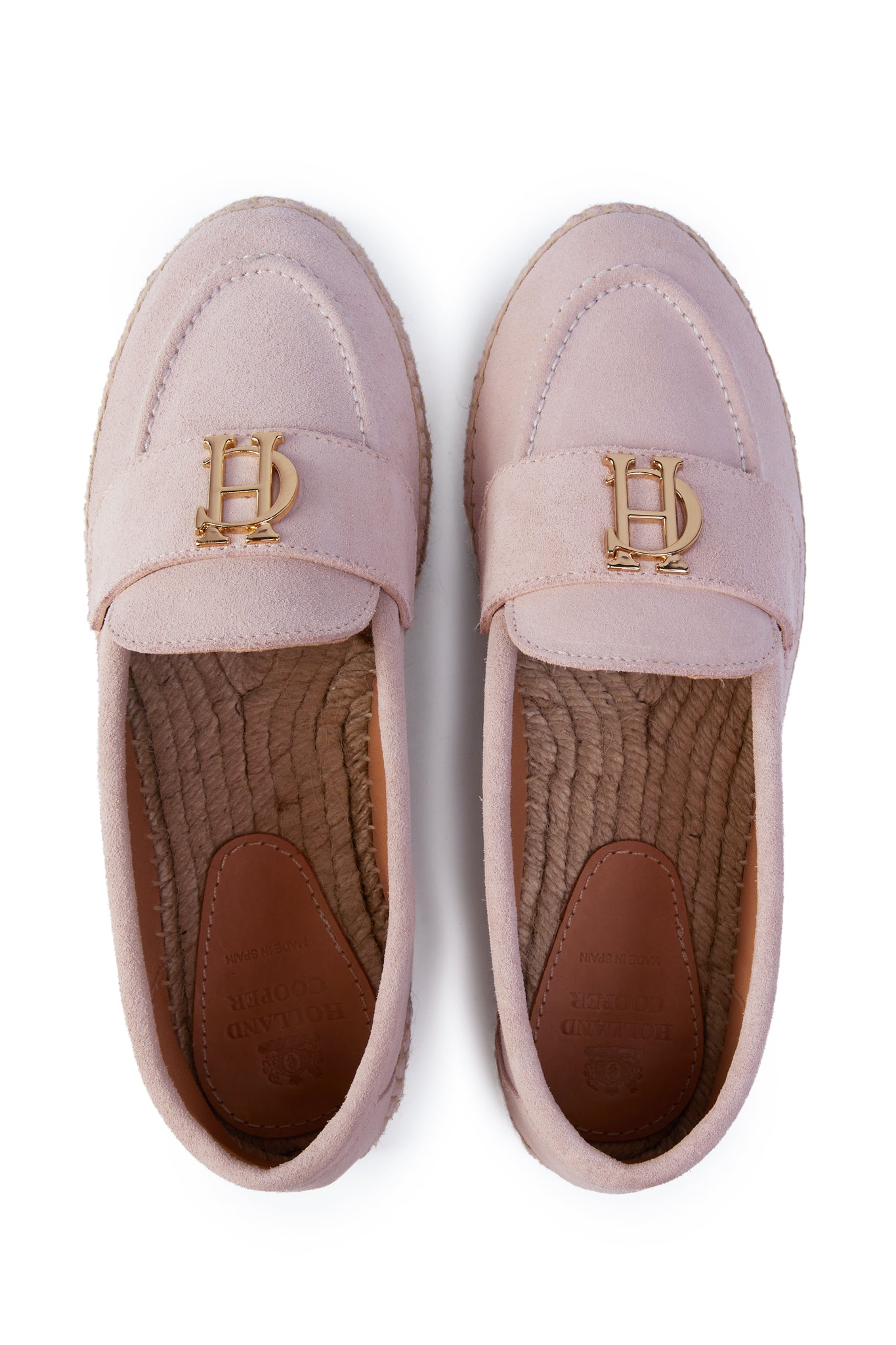 Birds eye view of light pink suede classic espadrille with plaited jute sole and gold hardware on top