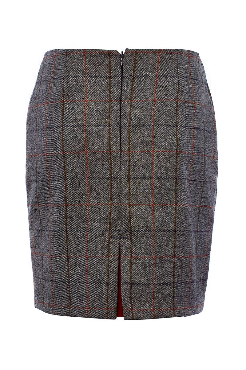 back of womens wool tweed pencil mini skirt in blue and grey check with slit on back and zip fastening on centre back