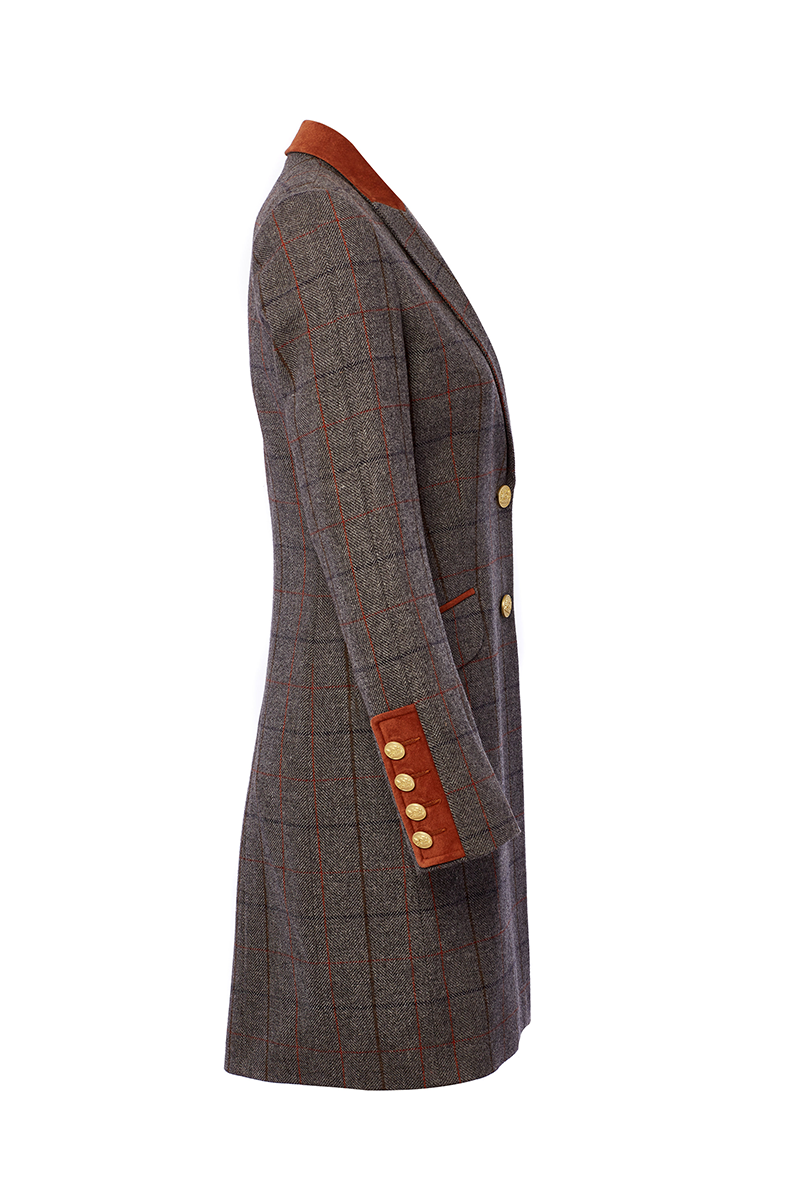 side of grey tweed womens coat with gold hardware and tan suede detailing